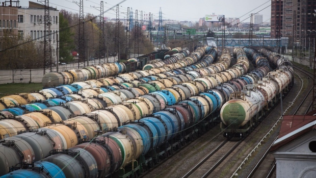 Rail wagons for oil, fuel and liquefied gas cargo at Yanichkino railway station in Moscow, Russia.
