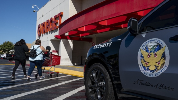 Security outside a Target store ahead of it permanently closing due to losses from rising retail theft in California. Photographer: Bloomberg/Bloomberg