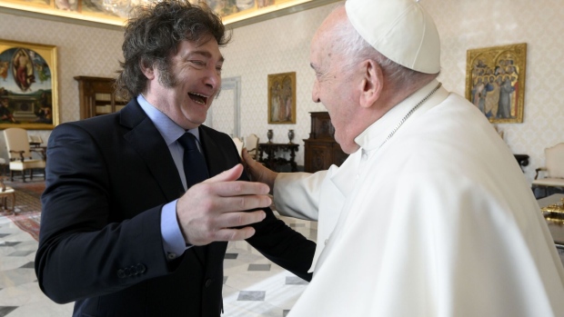 Pope Francis meets Javier Milei in Vatican City, on Feb. 12. Photographer: Vatican Pool/Getty Images