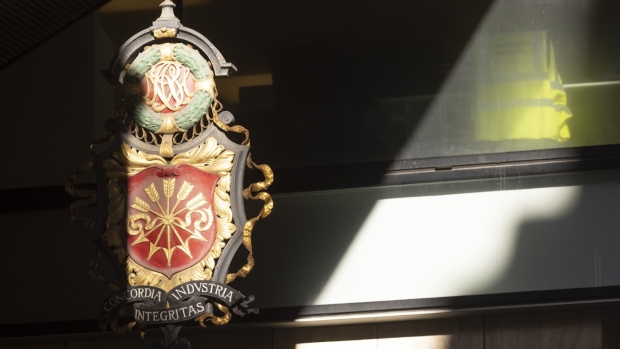 A family crest outside the Rothschild & Co. offices in the City of London on Feb. 6, 2023.