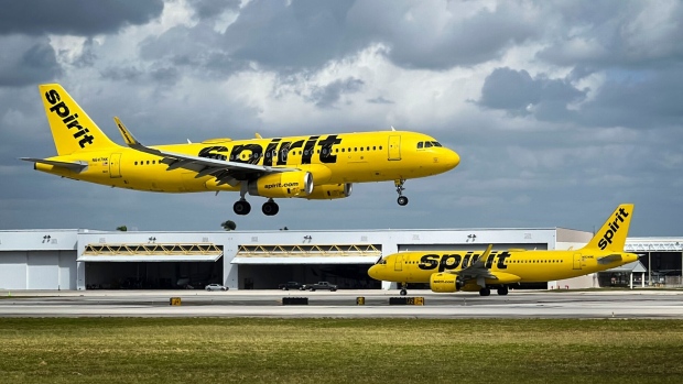 Spirit Airlines airplanes at Fort Lauderdale-Hollywood International Airport (FLL) in Fort Lauderdale, Florida, US, on Tuesday, Oct. 24, 2023. Spirit Airlines Inc. is scheduled to release earnings figures on October 26.