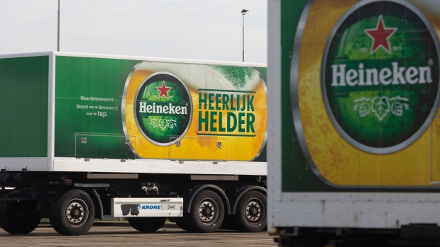 Delivery trucks next to loading bays at the Heineken NV brewery in S-hertogenbosch, Netherlands, on Tuesday, Feb. 13, 2024. The company is expected to release earnings Feb. 14 before the market open. Photographer: Peter Boer/Bloomberg