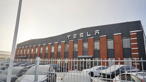 The Tesla Inc. automobile service center in Segeltorp, Sweden.