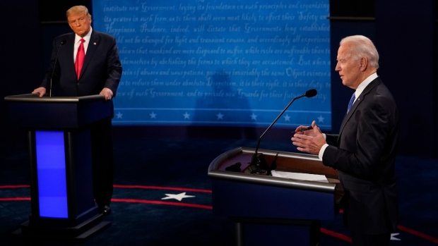 NASHVILLE, TENNESSEE - OCTOBER 22: Democratic presidential candidate former Vice President Joe Biden answers a question as President Donald Trump listens during the second and final presidential debate at Belmont University on October 22, 2020 in Nashville, Tennessee. This is the last debate between the two candidates before the election on November 3. (Photo by Morry Gash-Pool/Getty Images)