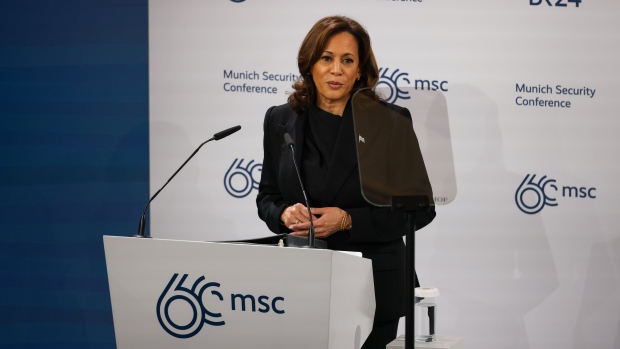 US Vice President Kamala Harris at the Munich Security Conference  on Friday, Feb. 16.