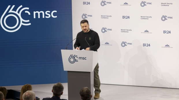 Volodymyr Zelenskiy, Ukraine's president, speaks on day two of the Munich Security Conference in Munich, Germany, on Saturday, Feb. 17, 2024. The 60th Munich Security Conference runs through Feb. 18, at a time Russia's invasion of Ukraine is soon to reach a third year.