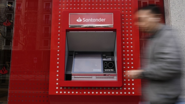An automated teller machine (ATM) outside a Banco Santander SA branch in Madrid, Spain, on Monday, Jan. 29, 2024. Santander reports full year earnings on Jan. 31.