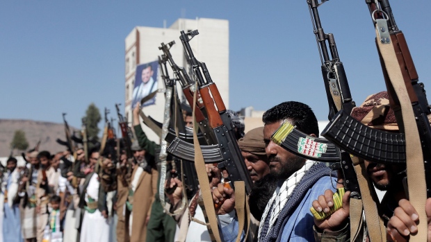 Houthi followers with rifles during a demonstration in solidarity with Palestinians in Sanaa, Yemen, on Feb. 18.