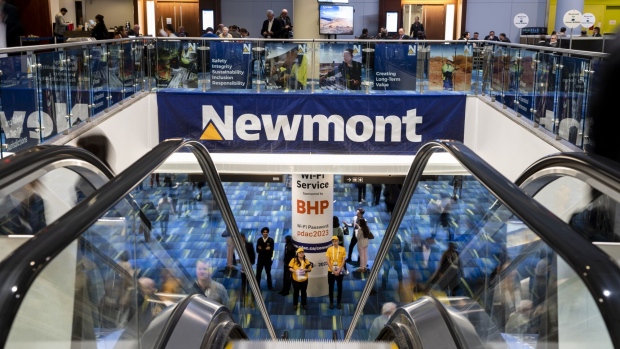 Newmont Corp. signage at the Prospectors & Developers Association of Canada (PDAC) conference in Toronto, Ontario, Canada, on Sunday, March 5, 2023. Thousands of executives, investors, bankers and government officials are converging on Toronto over six days to attend one of the world's largest industry conferences as project pipelines shrink and companies face pressure to buy growth.