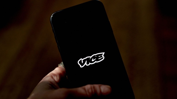 The Vice logo on a smartphone arranged in the Brooklyn borough of New York, US, on Monday, May 15, 2023. Vice Media LLC filed for bankruptcy protection and struck a deal to sell itself to creditors, a precipitous fall for the company that once boasted a $5.7 billion valuation. Photographer: Gabby Jones/Bloomberg