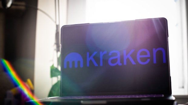 The Kraken logo on a laptop computer arranged in Hastings-on-Hudson, New York, US, on Friday, Feb. 10, 2023. Kraken will pay $30 million to settle Securities and Exchange Commission allegations that it broke the agency’s rules with its cryptoasset staking products and will discontinue them in the US as part of the agreement with the regulator. Photographer: Tiffany Hagler-Geard/Bloomberg