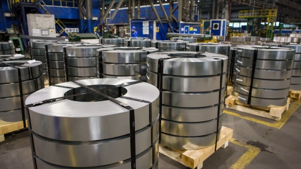 Rolls of newly manufactured galvanized steel sit on pallets in the storage warehouse at the Novolipetsk Steel PJSC plant, operated by NLMK Group, in Lipetsk, Russia, on Friday, May 29, 2020. Russia is the world’s No. 3 net steel exporter, with the nation’s low production costs bolstering its competitiveness. Photographer: Andrey Rudakov/Bloomberg