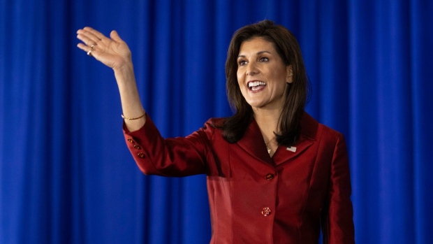 Nikki Haley, former governor of South Carolina and 2024 Republican presidential candidate, arrives to speak during an election night watch party in Charleston, South Carolina, US, on Saturday, Feb. 24, 2024. Donald Trump won the Republican presidential primary in South Carolina, according to AP, delivering a blow to rival Nikki Haley in her home state as the former president continues his sweep of the 2024 nominating contests.