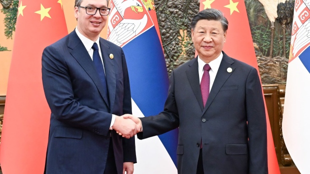 Xi Jinping, right, with Aleksandar Vucic in Beijing on Oct. 17, 2023. Photographer: Xinhua News Agency/Getty Images