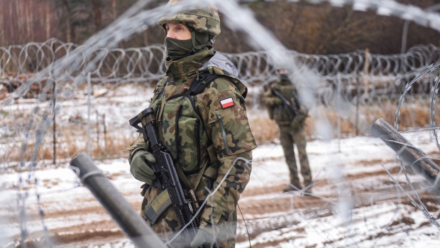 Polish soldiers on patrol on the Poland Belarus border.