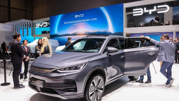 A BYD Co. Tang electric vehicle on the opening day of the Geneva International Motor Show in Geneva, Switzerland, on Monday, Feb. 26, 2024.  Photographer: Andrey Rudakov/Bloomberg