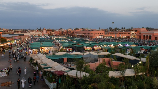 Residents and tourists in Jemaa el-Fnaa square and market place in Marrakesh, Morocco, on Monday, April 12, 2023. In April the International Monetary Fund approved a $5 billion credit line for Morocco, enhancing the North African nation’s buffers and providing insurance against possible risks. Photographer: Hollie Adams/Bloomberg