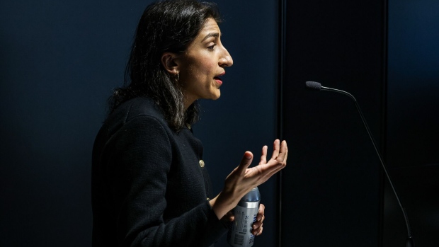 Lina Khan, chair of the Federal Trade Commission (FTC), speaks at RemedyFest in Washington, DC, US, on Tuesday, Feb. 27, 2024. RemedyFest is holding conversations with policymakers and tech experts amid major regulatory shifts.