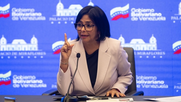 Delcy Rodriguez, Venezuela's vice president, during a news conference at Miraflores Palace in Caracas, Venezuela, on Wednesday, May 3, 2023. Rodriguez said the Venezuelan government won't recognize opposition-brokered agreements with creditors. Photographer: Carlos Becerra/Bloomberg