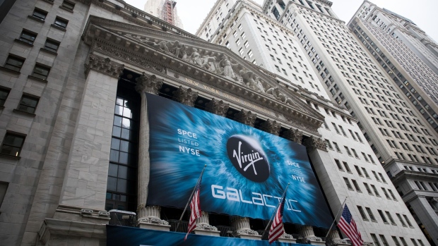 Virgin Galactic signage during the company's initial public offering outside the New York Stock Exchange in New York, US in 2019. Photographer: Michael Nagle/Bloomberg