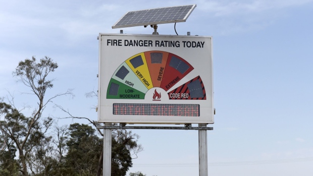 A roadside fire-danger sign signals severe and warns of a total fire ban in Melbourne, Australia, on Friday, Jan. 25, 2019. The world’s driest inhabited continent is in the grip of an extended heatwave, posting the hottest December on record, according to the Bureau of Meteorology. Bushfires are a constant threat, with much of Victoria and the island state of Tasmania under severe to extreme fire danger, the bureau said in a statement Wednesday. Photographer: Carla Gottgens/Bloomberg