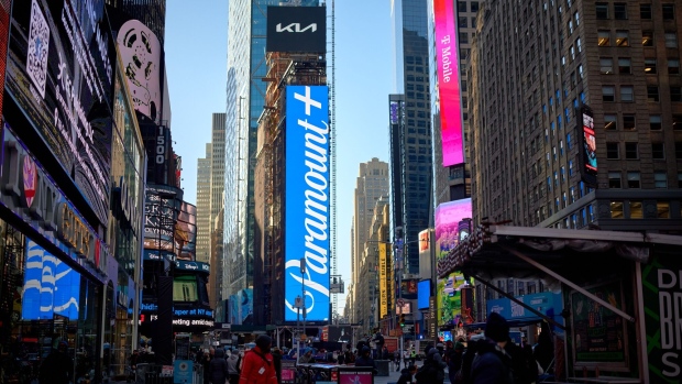 <p>Paramount+ signage in the Times Square, New York.</p>