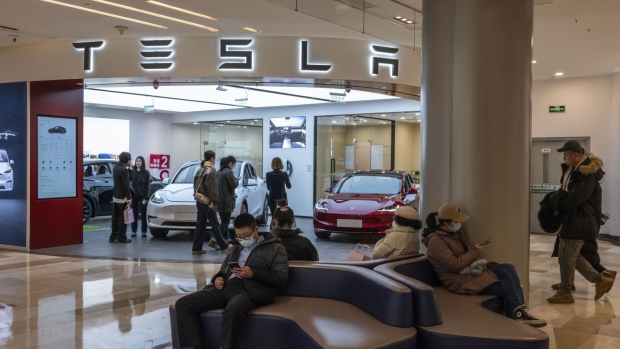<p>A Tesla showroom in Beijing.</p>