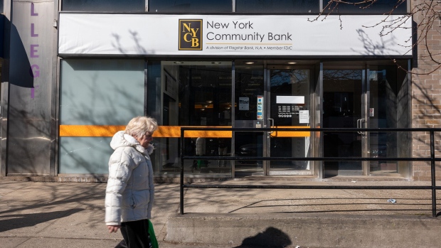 NEW YORK, NEW YORK - FEBRUARY 08: A New York Community Bank stands in Brooklyn on February 08, 2024 in New York City. New York Community Bancorp, a regional lender, shed about 60% of its value over the past eight days and its credit rating has been downgraded to Junk by Moody's. (Photo by Spencer Platt/Getty Images) Photographer: Spencer Platt/Getty Images North America