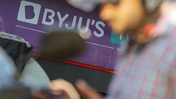 Signage at a Byju's Tuition Center, operated by Think & Learn Pvt., in Mumbai, India, on Friday, Feb. 2, 2024. A unit of Byju's, once one of India's hottest tech startups, was put into bankruptcy in the US by a court-appointed agent who took over the shell company after it defaulted on $1.2 billion in debt. Photographer: Dhiraj Singh/Bloomberg