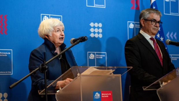 Janet Yellen and Mario Marcel hold a joint press conference at the Ministry of Finance in Santiago on Friday.