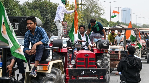 <p>A protest organized by farmers in Noida, India, on Feb. 26.</p>