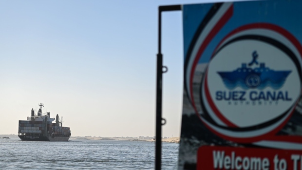 <p>A ship transits the Suez Canal. </p>