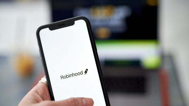 The Robinhood logo on a smartphone in New York on May 8, 2023.