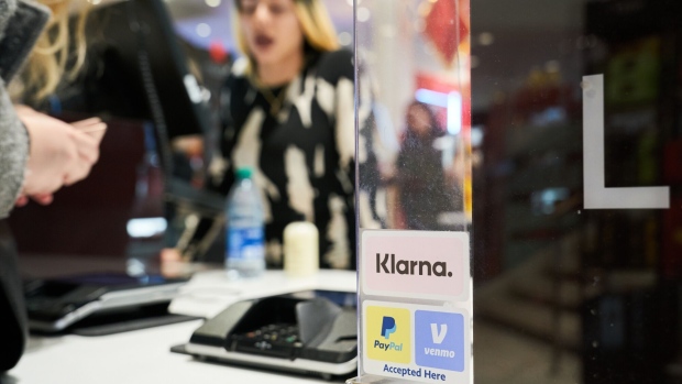 Klarna, PayPal, and Venmo stickers at checkout at the Macy’s flagship store.