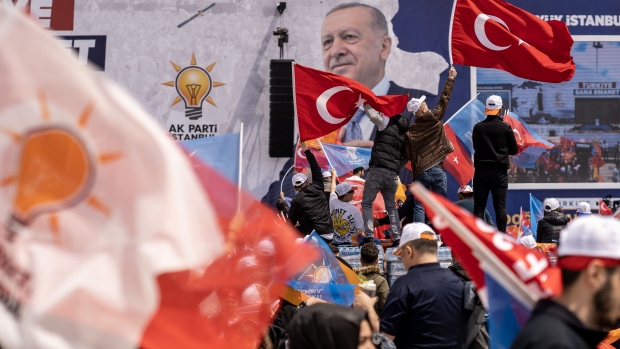 Supporters of Recep Tayyip Erdogan, Turkey's president, and presidential candidate for the Justice and Development Party (AKP), during an election campaign rally in Istanbul, Turkey, on Sunday, May 7, 2023. Turkey's presidential election is scheduled for May 14. Photographer: Moe Zoyari/Bloomberg