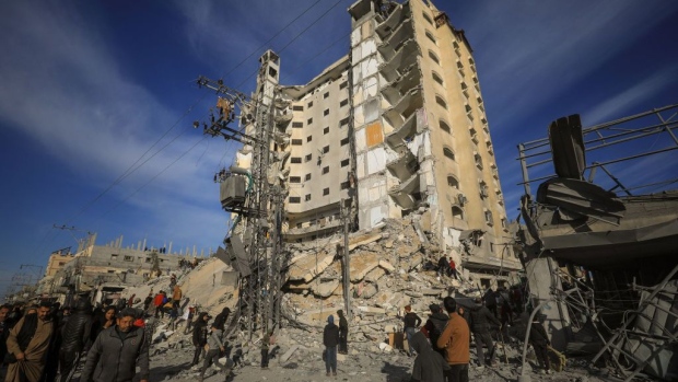 Damage following Israeli air strikes in Rafah. Photographer: Yasser Qudihe/AFP/Getty Images