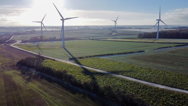 <p>Wind turbines at New Albion wind farm near Rushton, UK.</p>