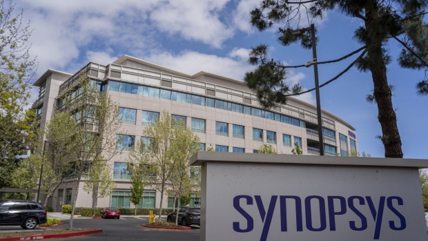 Synopsys headquarters in Mountain View, California, U.S., on Wednesday, April, 13, 2022. Synopsys Inc., the biggest supplier of software used to design semiconductors, is under investigation by the U.S. Department of Commerce for possibly passing key technology to banned Chinese companies, according to people familiar with the matter. Photographer: David Paul Morris/Bloomberg