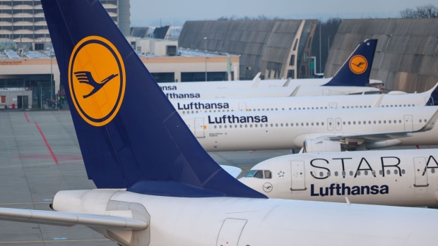 <p>Passenger aircraft, operated by Deutsche Lufthansa AG, on the tarmac during a strike by workers from the Verdi union at Frankfurt Airport in Germany.</p>