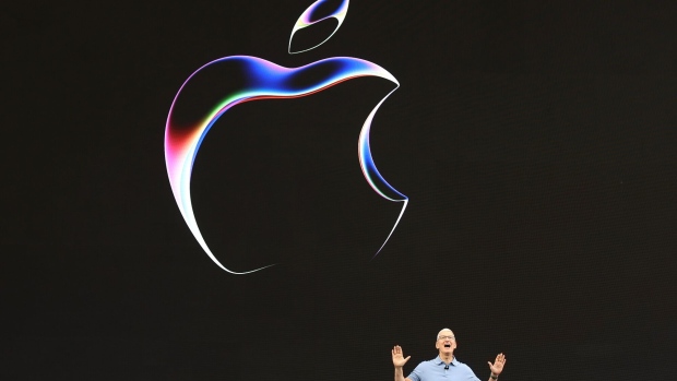 CUPERTINO, CALIFORNIA - JUNE 05: Apple CEO Tim Cook speaks before the start of the Apple Worldwide Developers Conference at its headquarters on June 05, 2023 in Cupertino, California. Apple CEO Tim Cook kicked off the annual WWDC23 developer conference. (Photo by Justin Sullivan/Getty Images) Photographer: Justin Sullivan/Getty Images North America