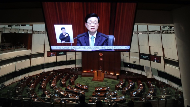 John Lee delivers his policy address at the Legislative Council on Oct. 25, 2023.