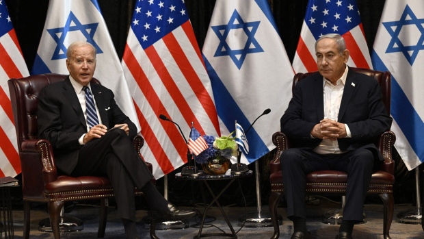 Joe Biden and Benjamin Netanyahu. Photographer: Brendan Smialowski/AFP/Getty Images