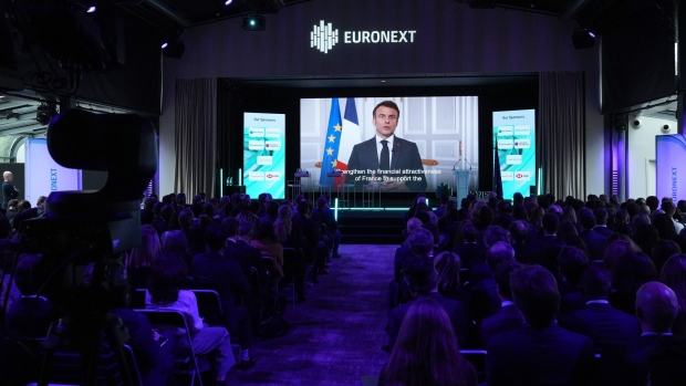 Emmanuel Macron speaks via video link at the Euronext NV annual conference in Paris, on March 19.