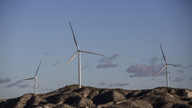 <p>Wind turbines at the Repsol SA Delta wind farm in Zaragoza, Spain.</p>