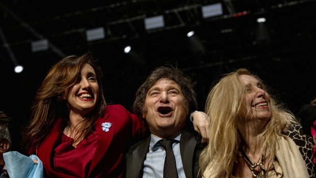 Javier Milei with his running mate, Victoria Villarruel, left, and his sister Karina at a closing campaign rally in Buenos Aires on Oct. 18, 2023.