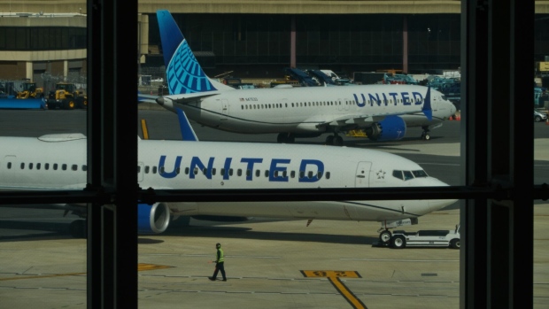 Boeing 737 Max 9 planes operated by United Airlines at Newark Liberty International Airport (EWR) in Newark, New Jersey, US, on Wednesday, March 13, 2024. The TSA expects travel volumes during the peak spring break travel season at nearly 6% above 2023. Photographer: Bing Guan/Bloomberg