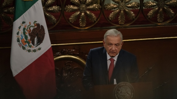 Andres Manuel Lopez Obrador, Mexico’s president, speaks at the National Palace in Mexico City on Feb. 5, 2024.
