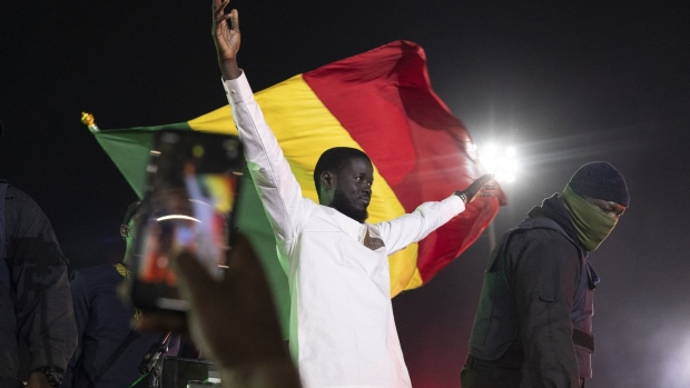 Bassirou Diomaye Faye with supporters in Mbour, Senegal, on March 22. Photographer: Marco Longari/Getty Images