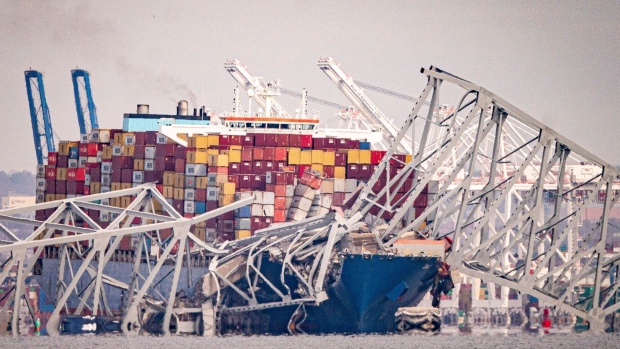 The Dali container vessel after striking the Francis Scott Key Bridge that collapsed into the Patapsco River in Baltimore, Maryland, US, on Tuesday, March 26, 2024. The commuter bridge collapsed after being struck by a container ship, causing vehicles to plunge into the water and halting shipping traffic at one of the most important ports on the US East Coast.