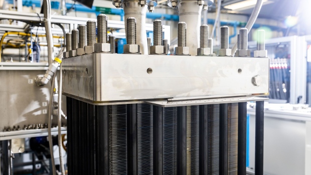 A general view of an electrolyzer stack that is used for research and development at the Plug Power Electrolyzers facility in Concord, Massachusetts, U.S., on Tuesday, July 5, 2022. Photographer: Adam Glanzman/Bloomberg